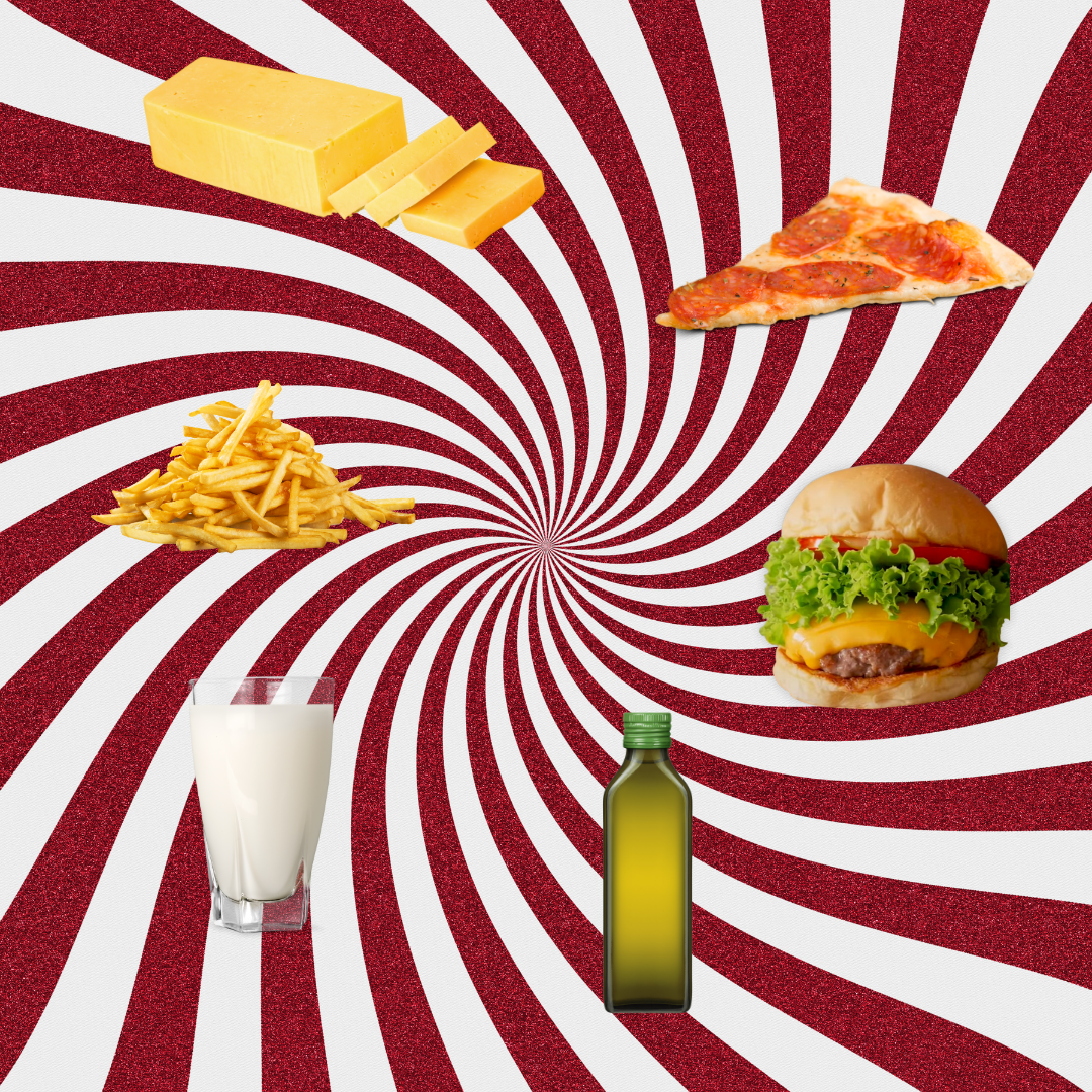 food floating in a trippy spiral graphic 