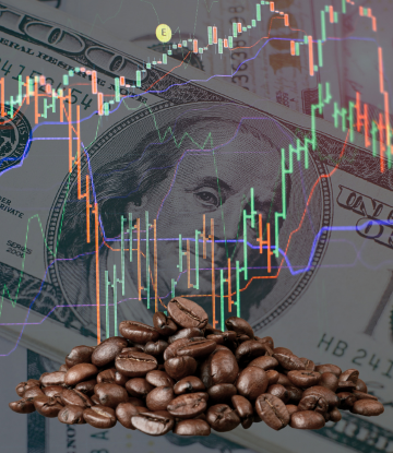 dollar bill, cofee beans and commodities tracker 