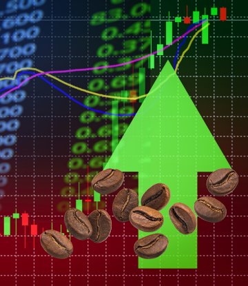 Coffee beans over an index tracker with an upward pointing arrow 