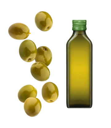 olives and a bottle of olive oil