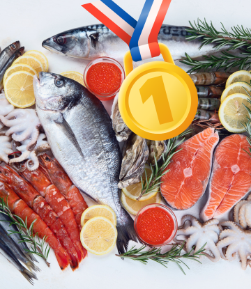 Assortment of seafood with a number #1 medal 