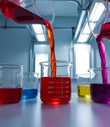 Dyes in glass lab beakers 