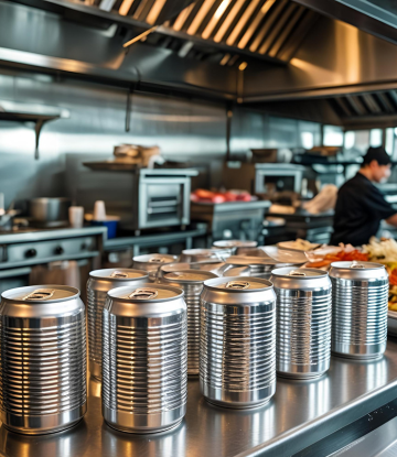 Tin cans in a restaurant kitchen