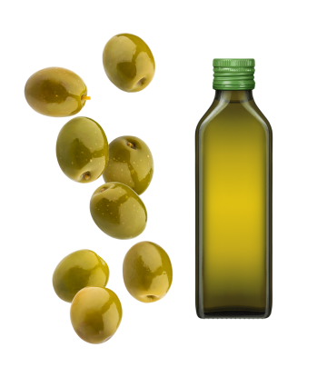 green olives and a bottle of olive oil 