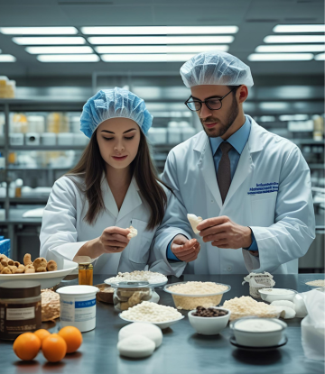 People in a lab looking at food 