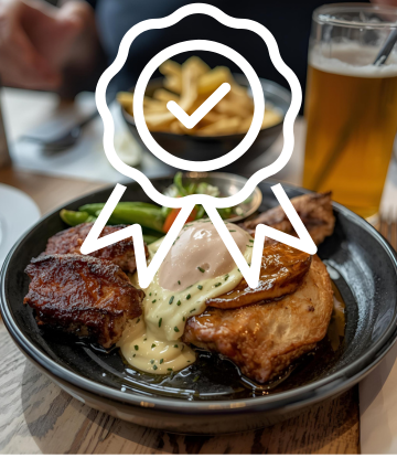 Food with a white ribbon and check mark 