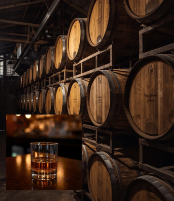 Whiskey barrels and a glass of product