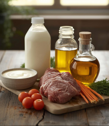 Meat, dairy, vegetable oil