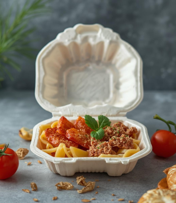 Clamshell container with food in it 