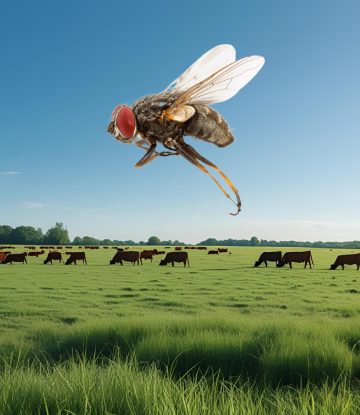 Menacing Screwworm fly over grazing cattle 